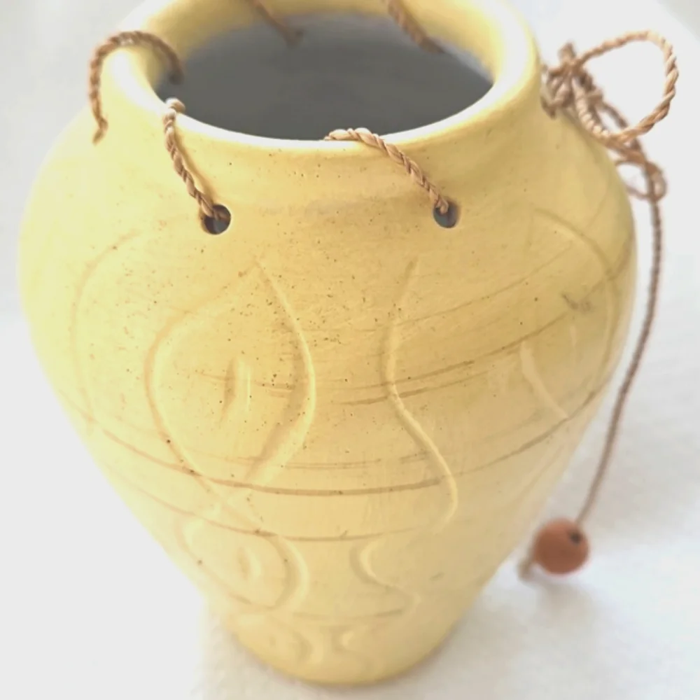 Southwestern Style Terra Cota Painted Yellow Vase With Rope Accent 6
